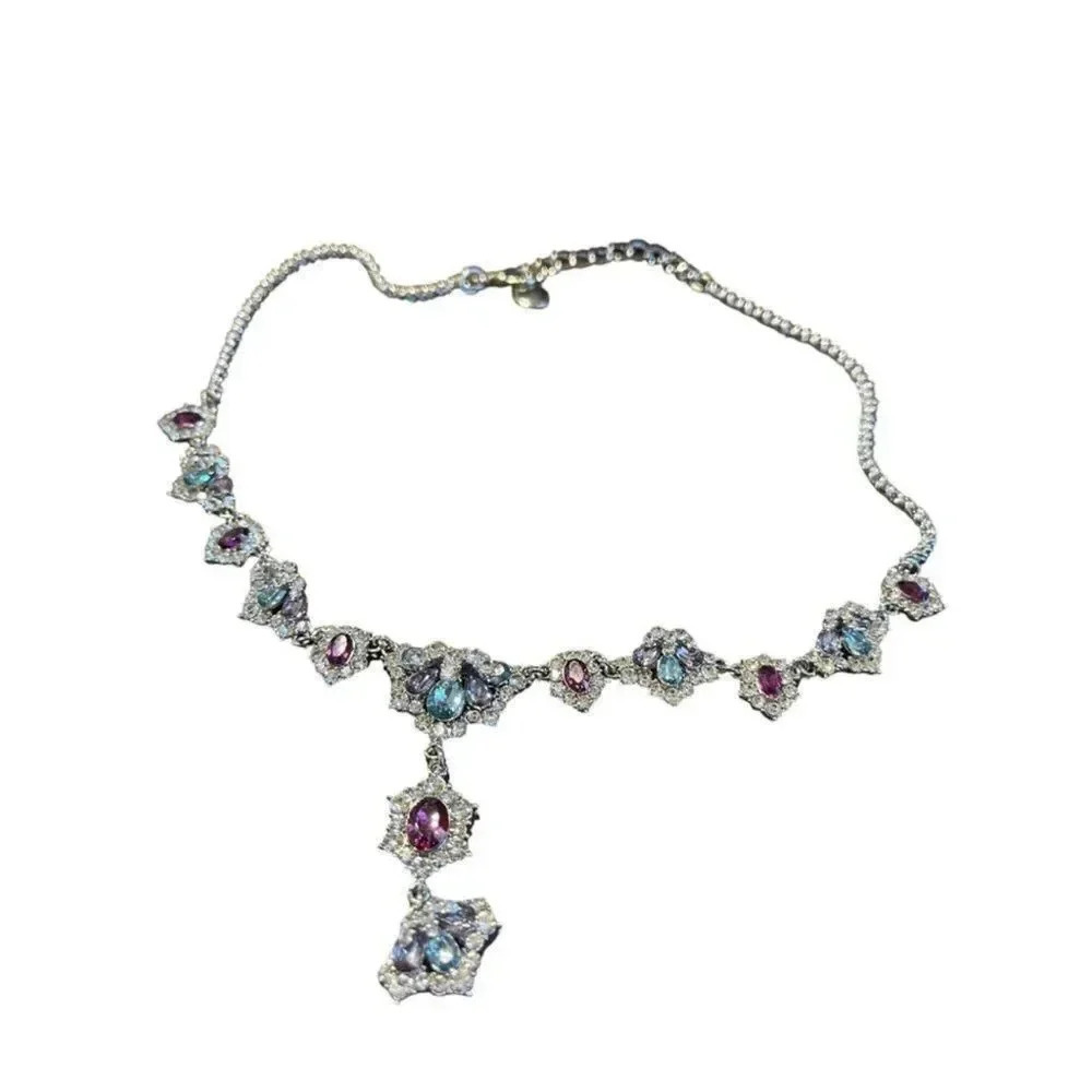 Lariat Diamond Multicolor Crystal & Stone Cluster Necklace - Picture 4 of 4